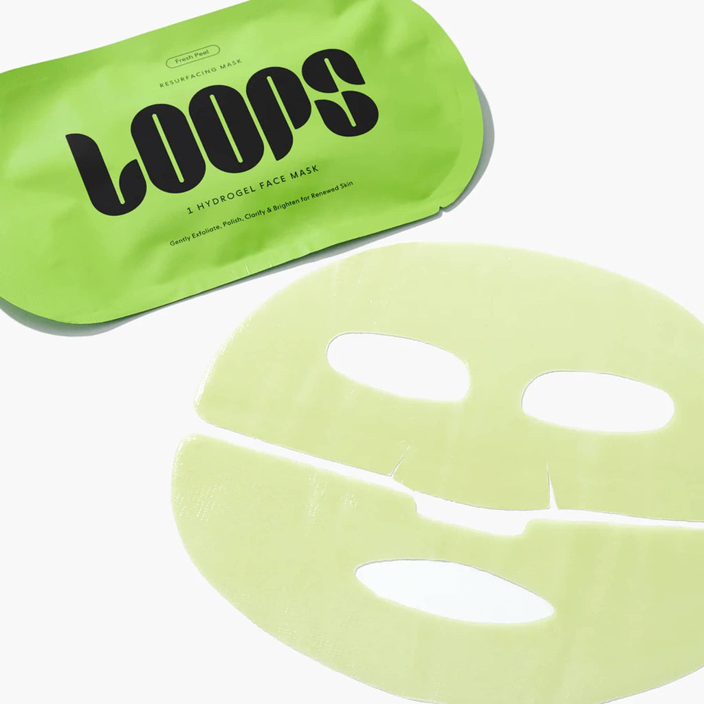 Green hydrogel face mask with packaging labeled 'LOOPS' on a white background.