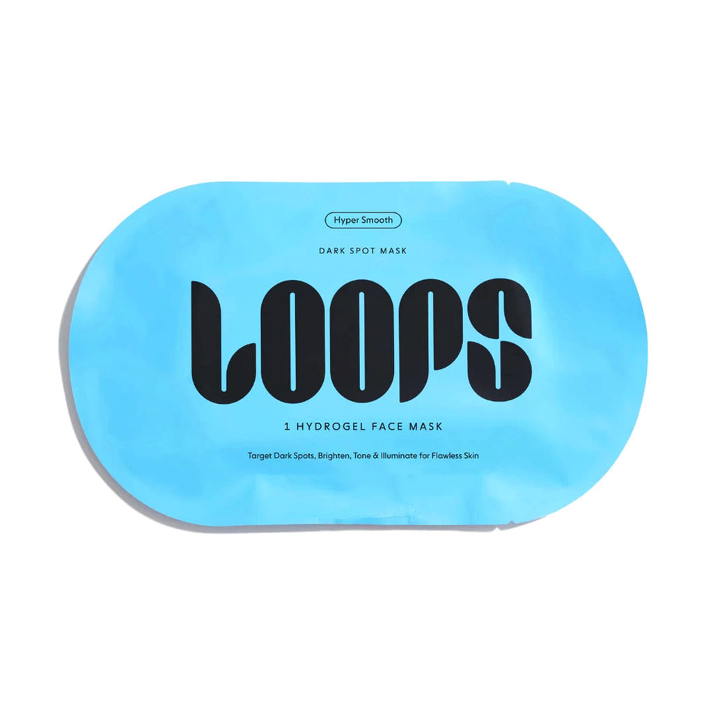 Blue packaging of LOOPS Hyper Smooth Dark Spot Hydrogel sheet mask with black text on a white background.