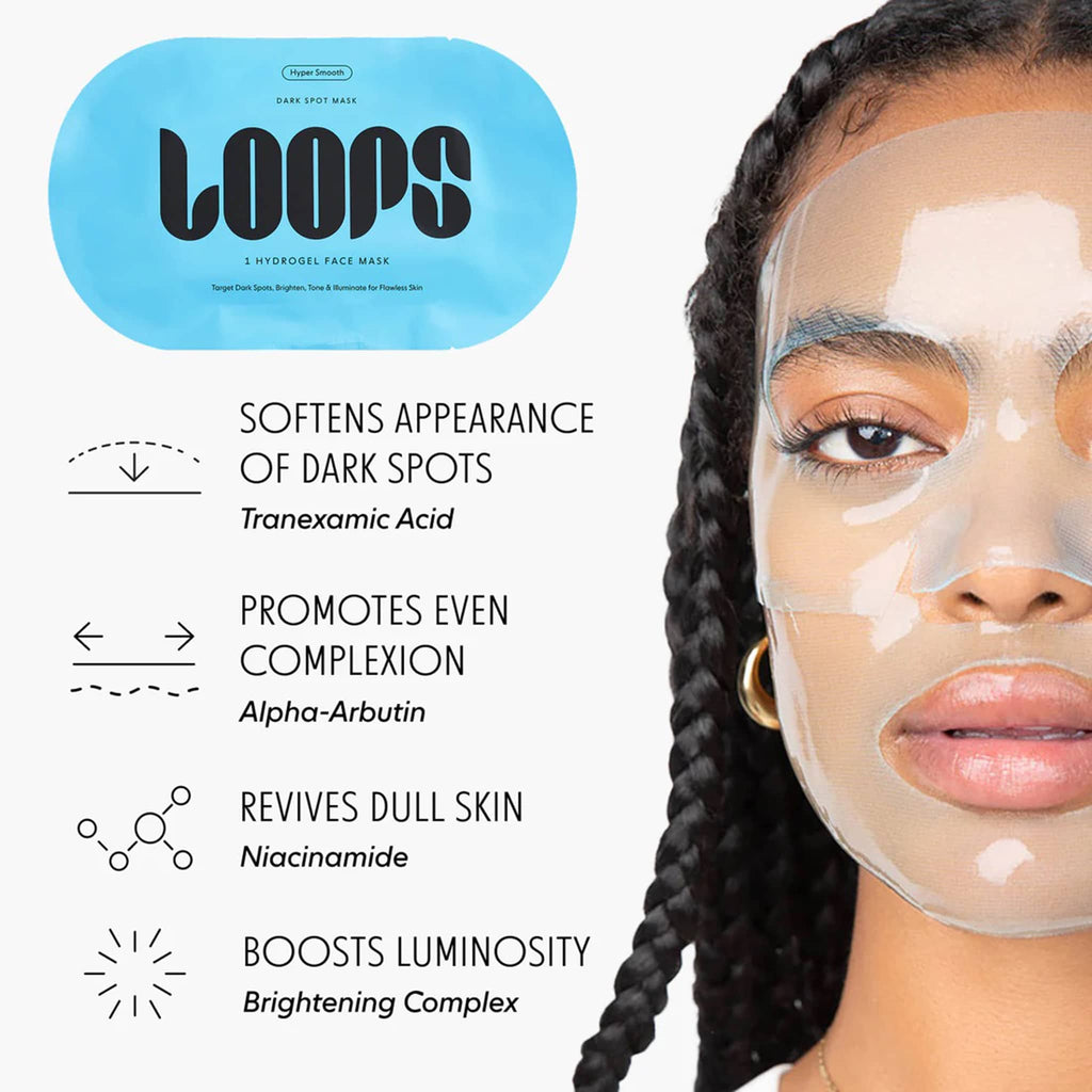 Blue face mask on model with 'LOOPS' packaging and text highlighting benefits on a blurred background.