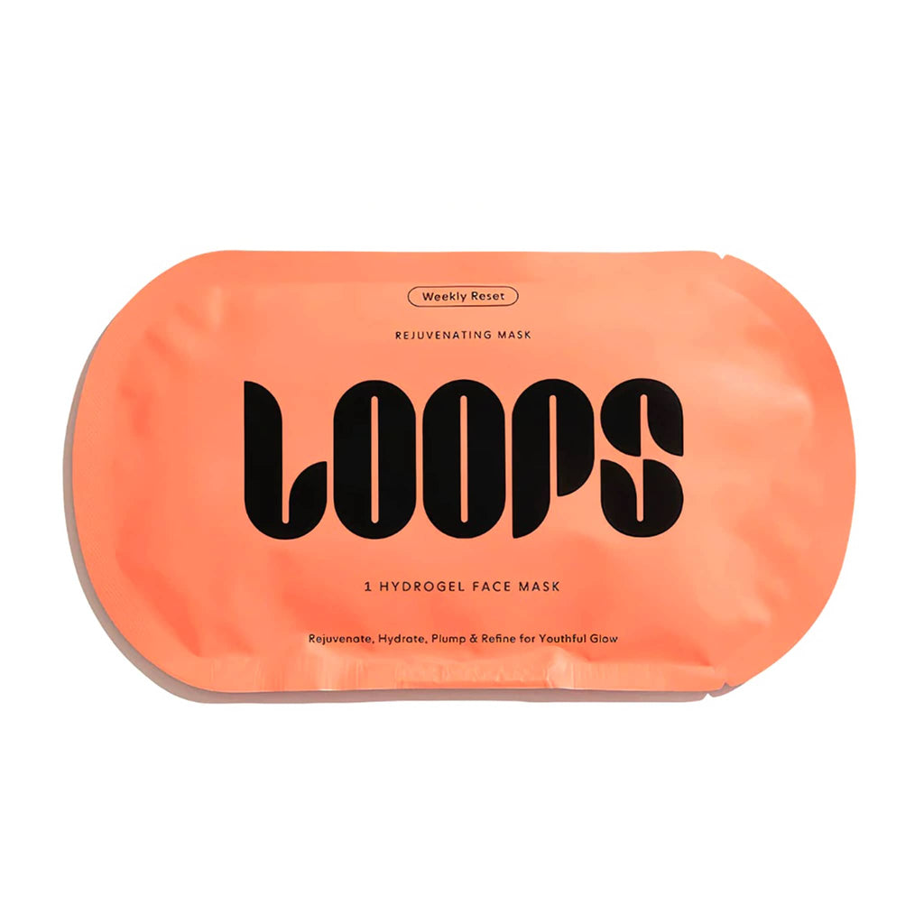 Orange packaging of LOOPS Weekly Reset Rejuvenating Hydrogel sheet mask with black text on a white background.