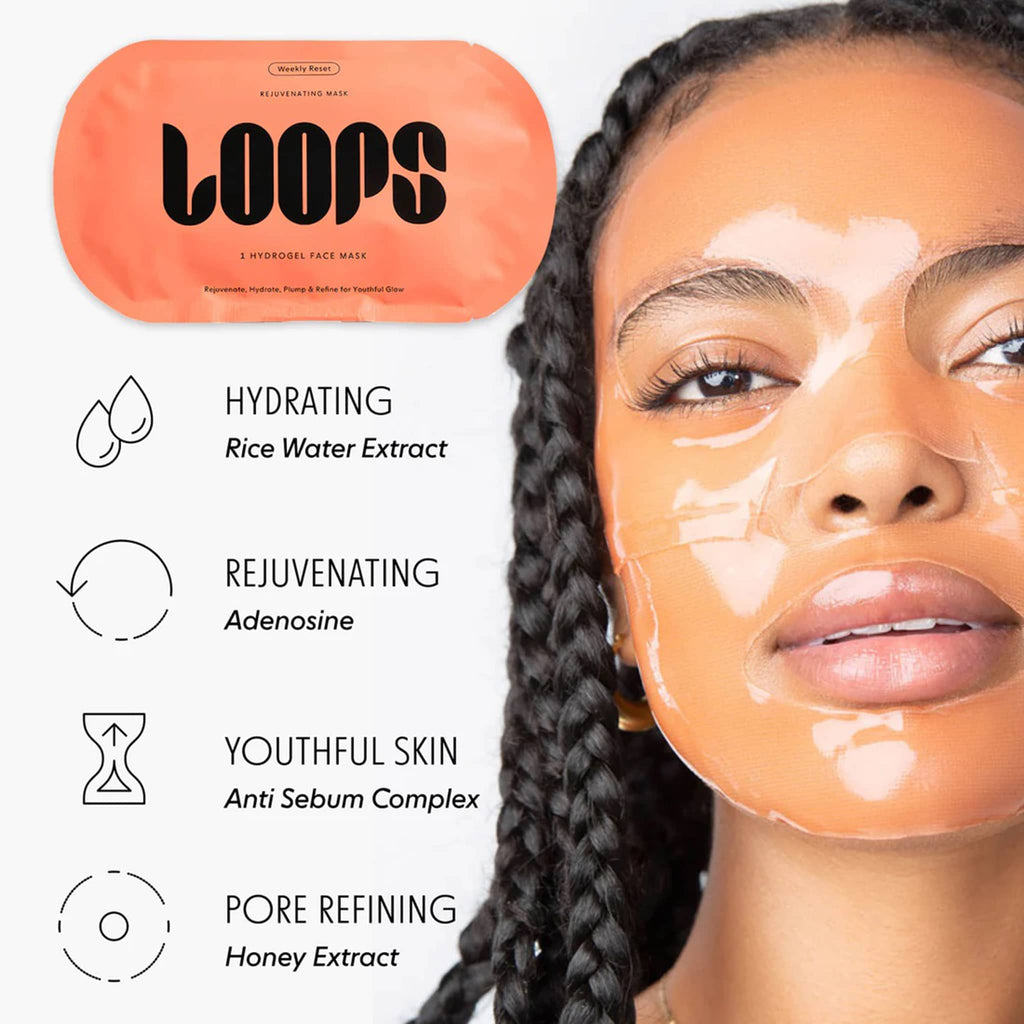Orange face mask on model with 'LOOPS' packaging and text highlighting benefits on a blurred background.