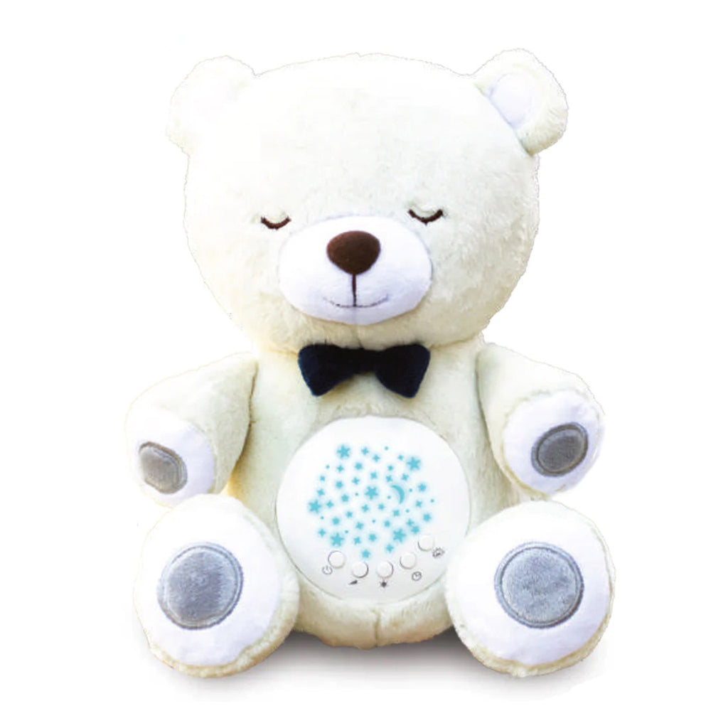 Lumieworld Lumipets Bear Nursery Sound Soother with night light, white plush bear, front view.