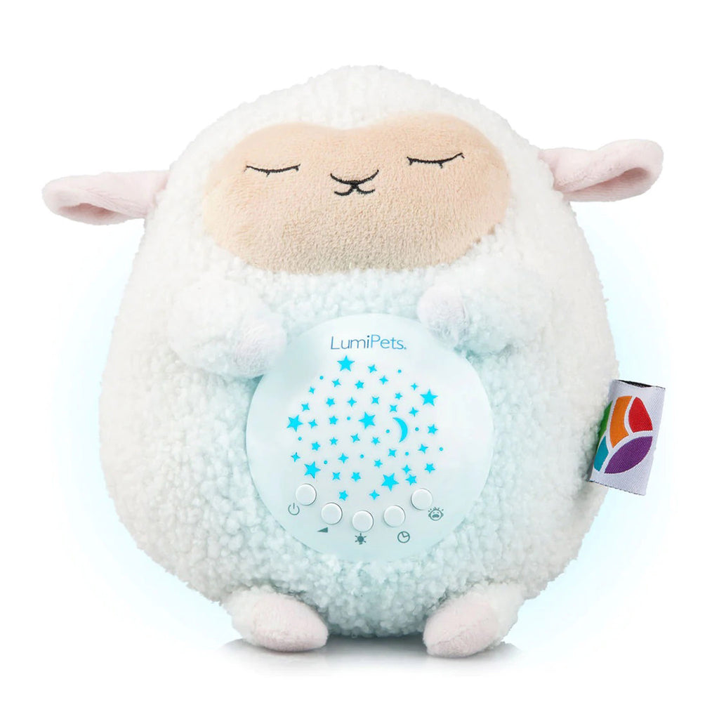 Lumieworld Lumipets Lamb Nursery Sound Soother with night light, white plush lamb, front view.
