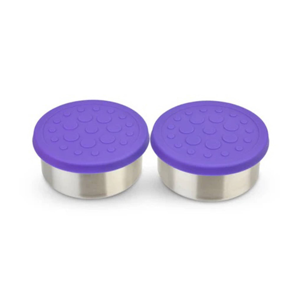 Lunchbots Dips 4.5 ounce round stainless steel food containers, set of two with purple silicone lids.