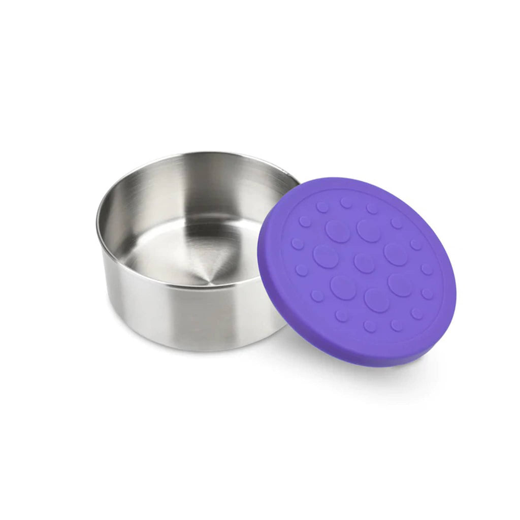 Lunchbots Dips 4.5 ounce round stainless steel food containers, shown with a purple lid, which is off to show inside.