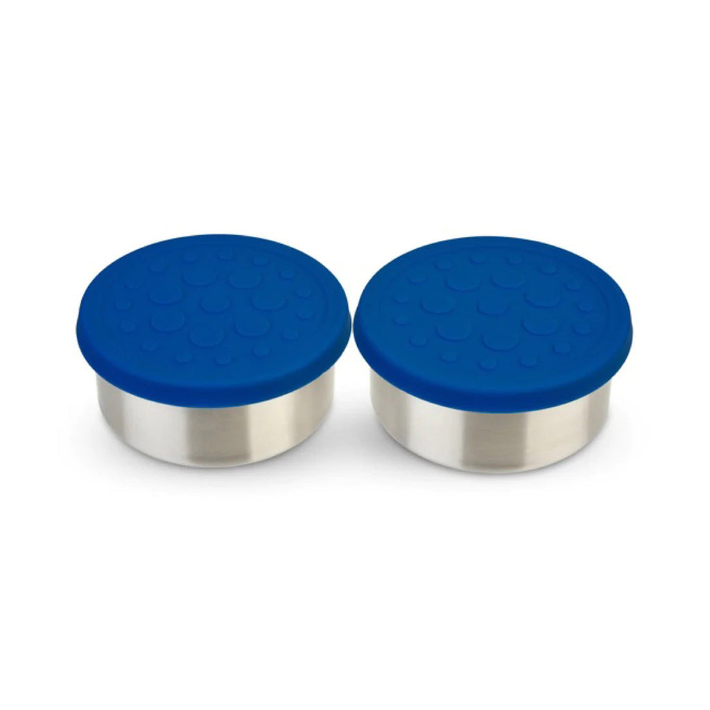 Lunchbots Dips 4 ounce round stainless steel food containers, set of two with blue silicone lids.