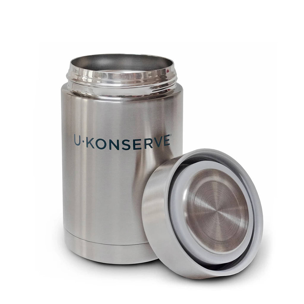 Insulated stainless steel U-Konserve 18 ounce food container, lid off, on a white background.