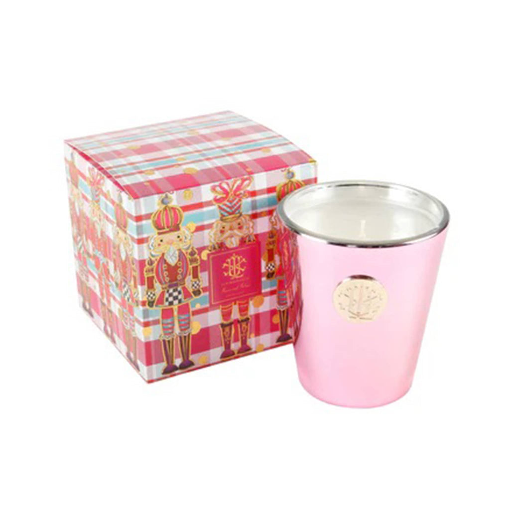 Lux Fragrances 8 ounce berries and balsam scented candle in pink mirrored finish vessel with pink and blue plaid nutcracker illustrated gift box.