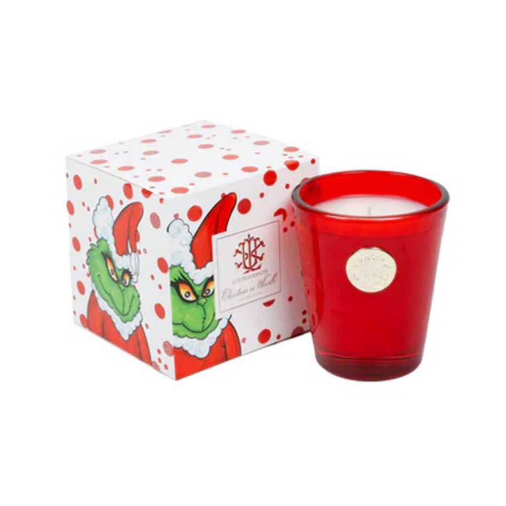 Lux Fragrances 8 ounce Christmas in Whoville scented candle in red glass vessel with illustrated Grinch gift box.