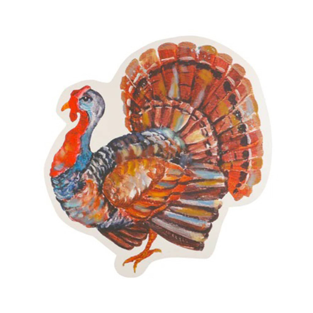 Paper placemat with a colorful illustration of a turkey, on a white background.