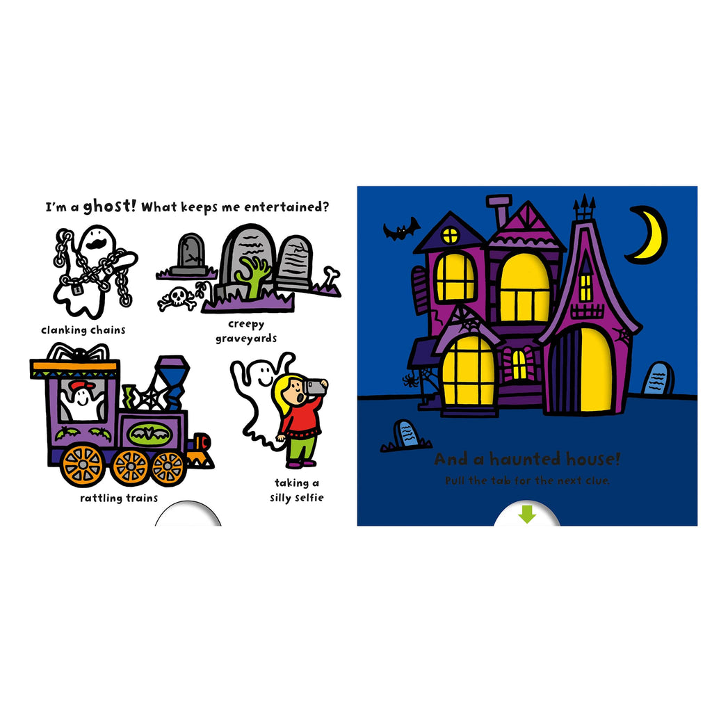Peek a Boo Pumpkin sample page with Halloween-themed illustrations including a ghost, graveyard, and haunted house on a white background.