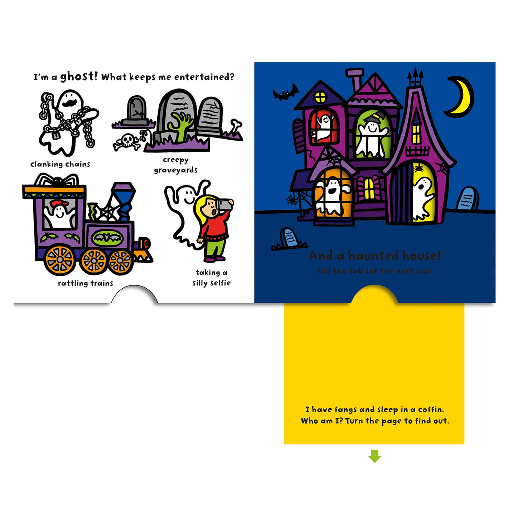 Peek a Boo Pumpkin sample page with Halloween-themed illustrations including a ghost, graveyard, and haunted house, with tab pulled to reveal ghosts in the windows of the house, on a white background.