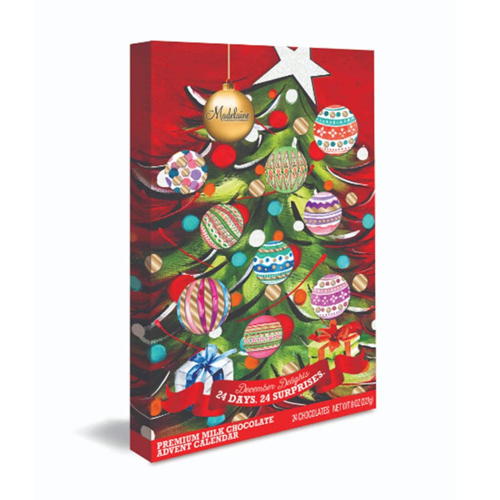 Madelaine chocolate advent calendar packaging with a Christmas tree design on a red background, front angle view, on a white background.