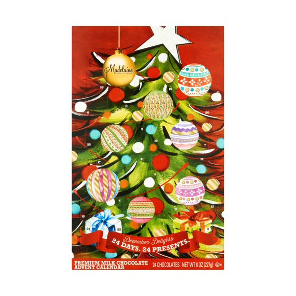 Madelaine chocolate advent calendar packaging with a Christmas tree design on a red background, front view, on a white background.