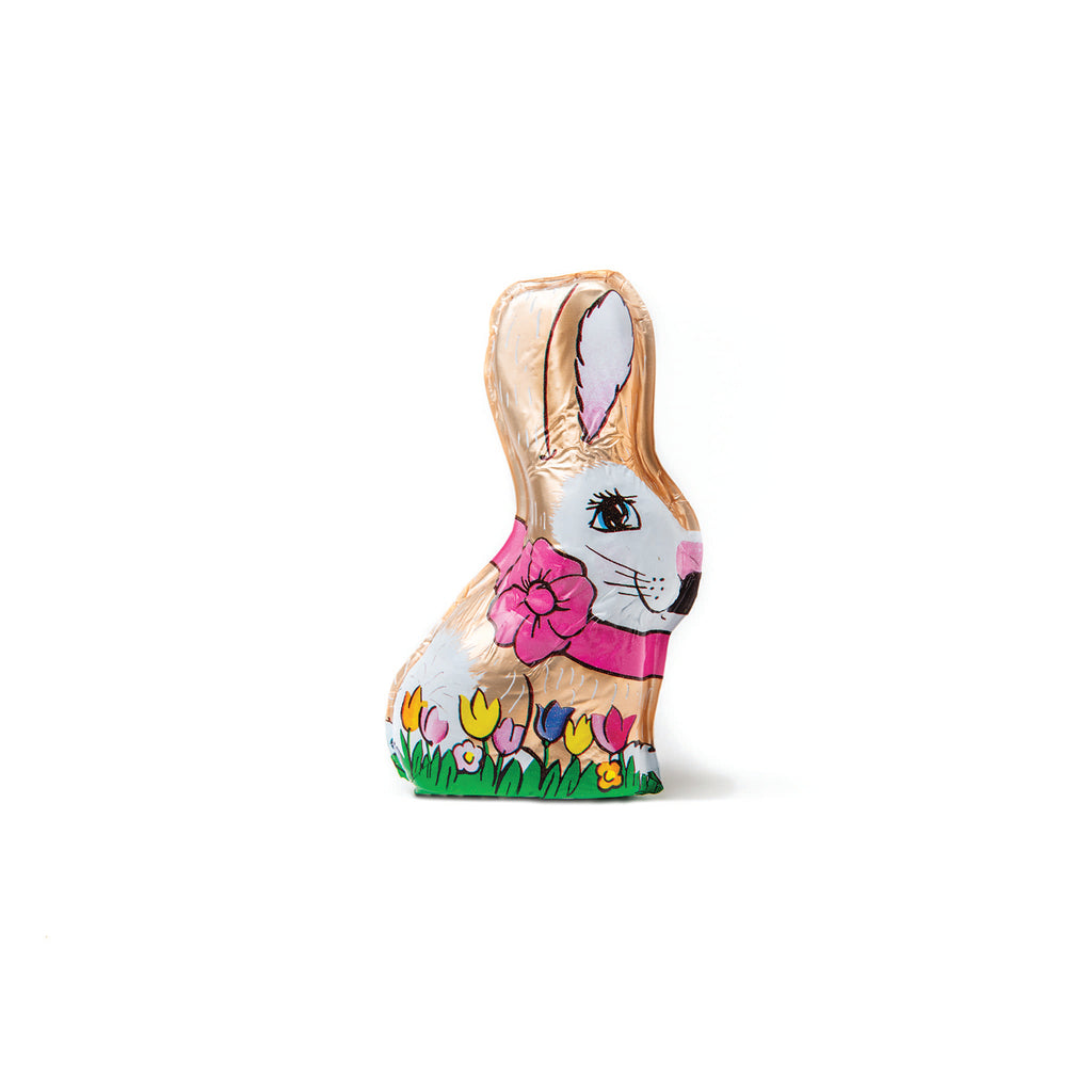 Madelaine 2 ounce semi-solid premium milk chocolate bunny with big ears, wrapped in colorful foil.