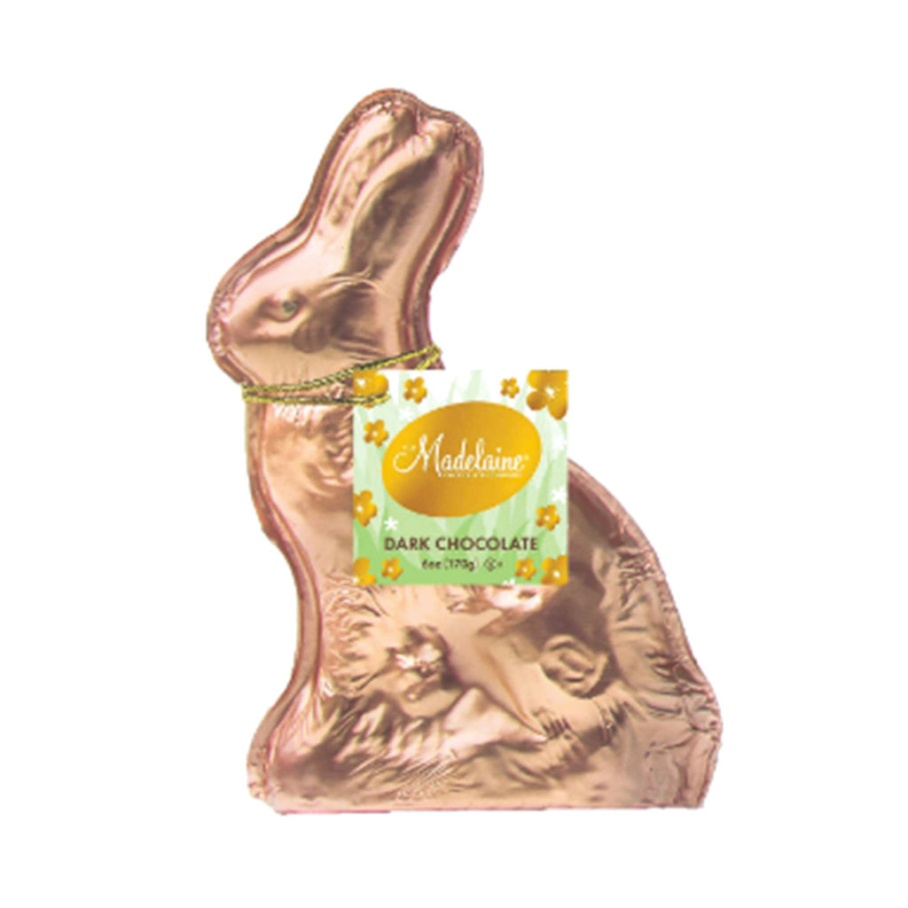 Madelaine 6 ounce solid dark chocolate sitting bunny in solid gold tone foil.