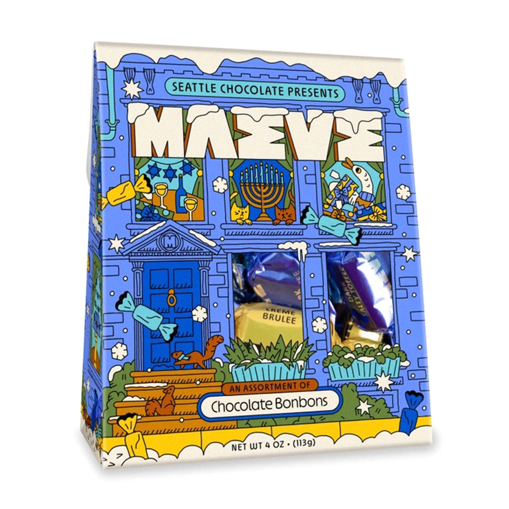 Maeve Home for Hanukkah chocolate bonbons assortment in packaging, front view.