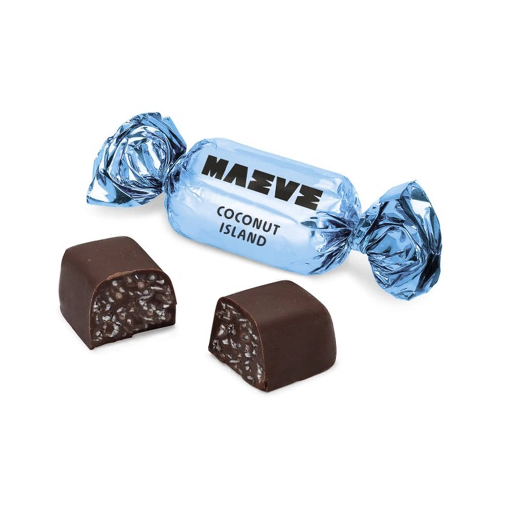 Maeve Coconut chocolate bonbon cut in half with light blue foil wrapped piece, on a white background.