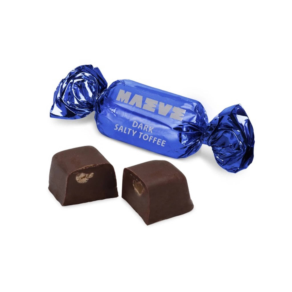 Maeve Dark Salty Toffee chocolate bonbon cut in half with blue foil wrapped piece, on a white background.