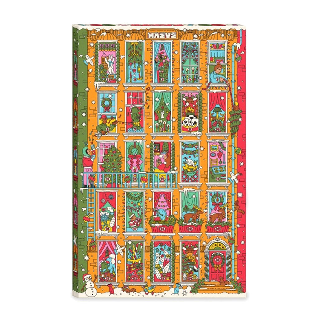 Colorful advent calendar with cartoon characters and festive designs on a white background.