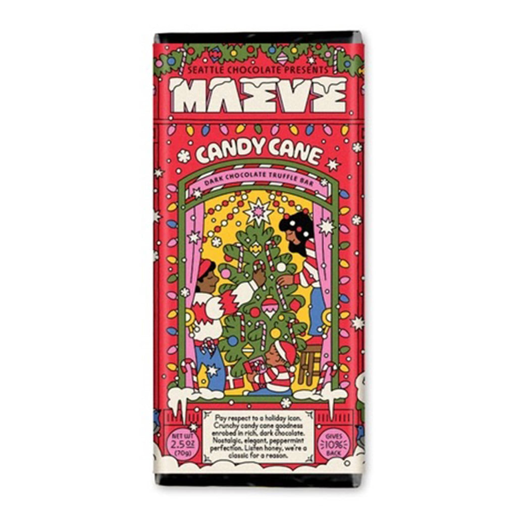 Maeve Candy Cane dark chocolate truffle bar in red Christmas illustrated packaging, front view.