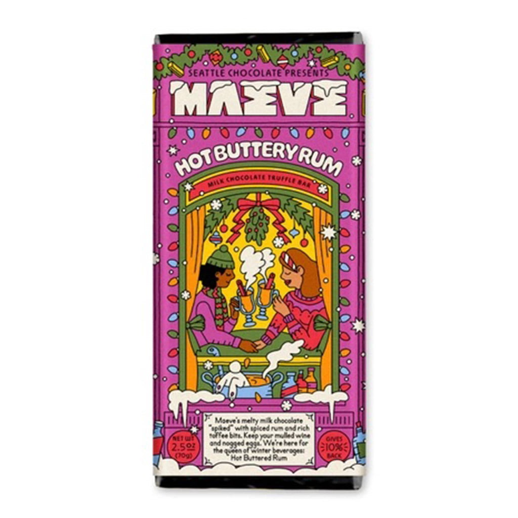 Maeve Hot Buttery Rum milk chocolate truffle bar in purple Christmas illustrated packaging, front view.