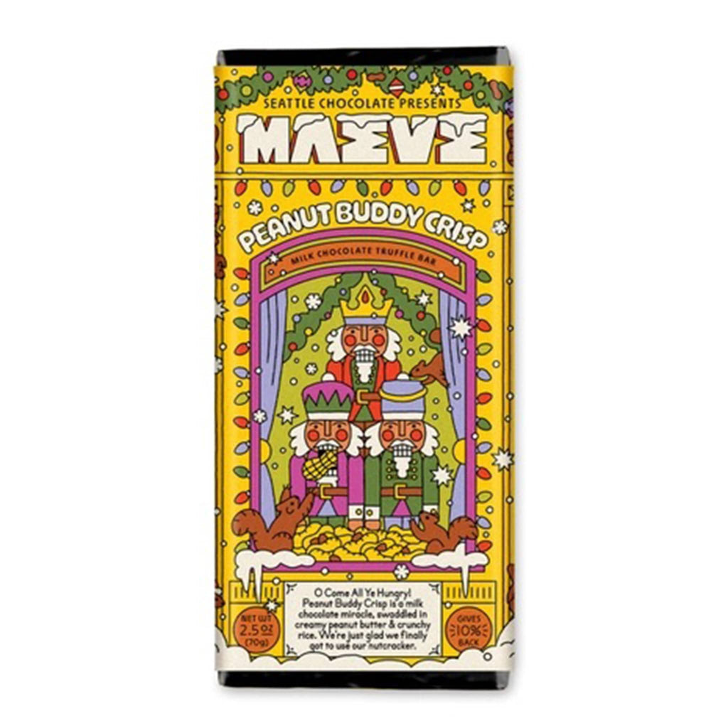 Maeve Peanut Buddy Crisp milk chocolate truffle bar in yellow Christmas illustrated packaging, front view.