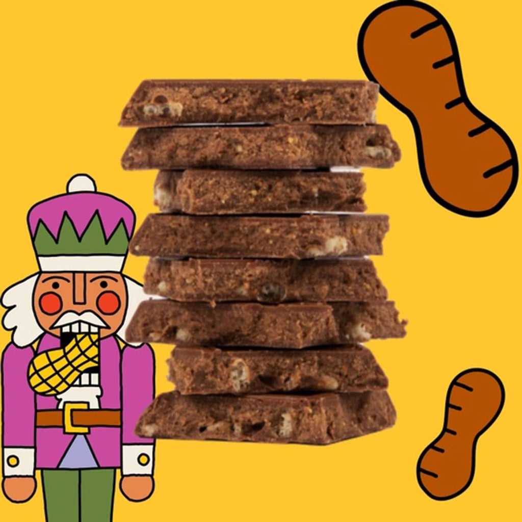 Maeve Peanut Buddy Crisp milk chocolate truffle bar squares stacked on a yellow illustrated background.