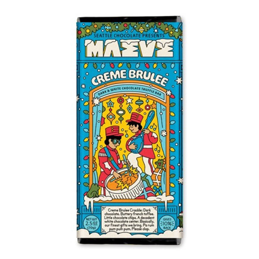 Maeve Creme Brulee dark and white chocolate truffle bar in blue Christmas illustrated packaging, front view.