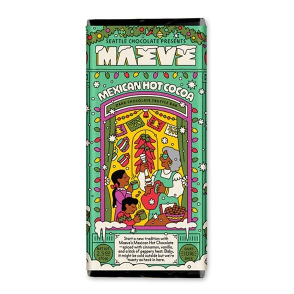 Maeve Mexican Hot Cocoa dark chocolate truffle bar in green Christmas illustrated packaging, front view.