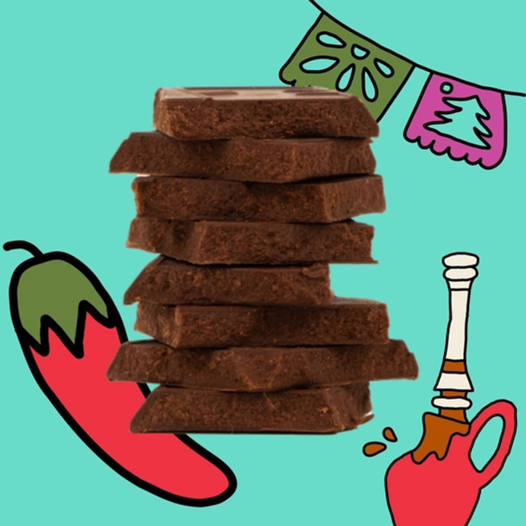 Maeve Mexican Hot Cocoa dark chocolate truffle bar squares stacked to show inside of bar, on a green illustrated background.