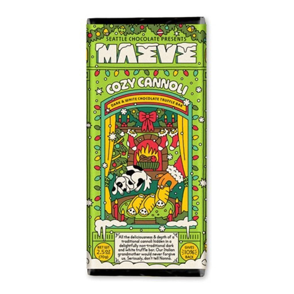 Maeve Cozy Cannoli dark and white chocolate truffle bar in green Christmas illustrated packaging, front view.