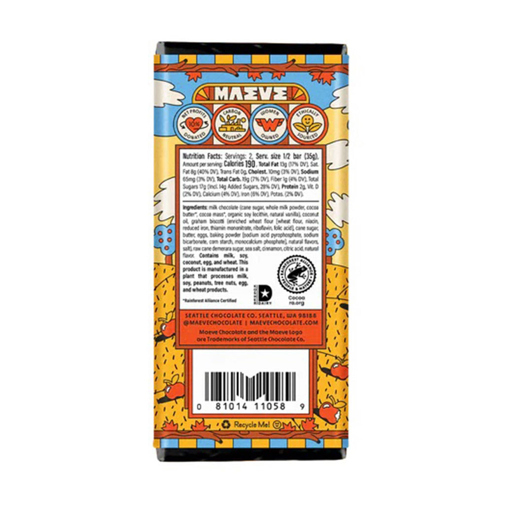 Maeve apple cider donuts milk chocolate truffle bar in packaging, back view with nutrition facts and ingredients.