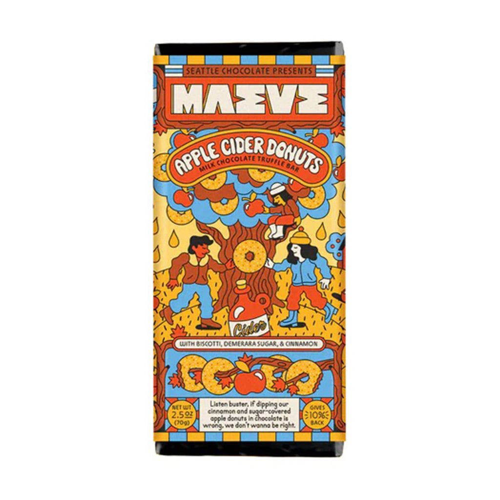 Maeve apple cider donuts milk chocolate truffle bar in packaging, front view.