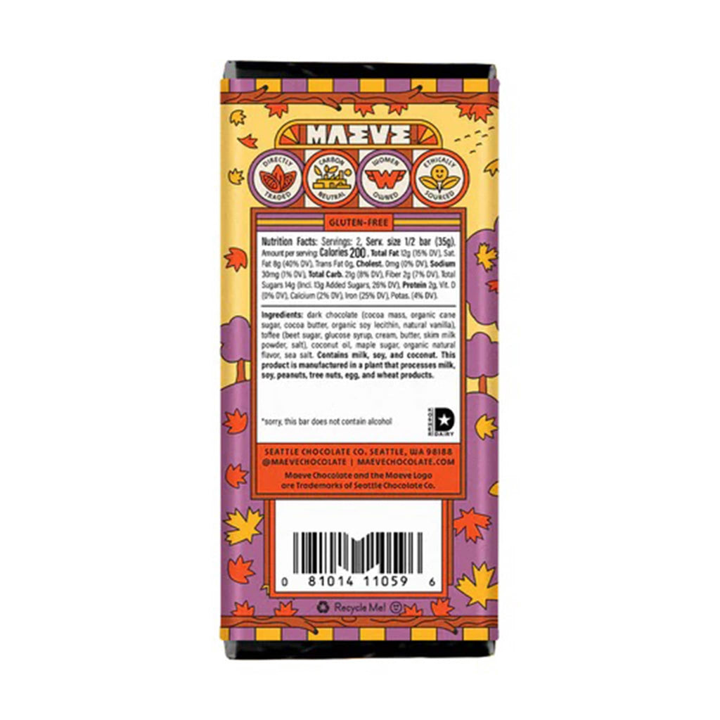 Maeve maple bourbon dark chocolate truffle bar in packaging, back view with nutrition facts and ingredients.