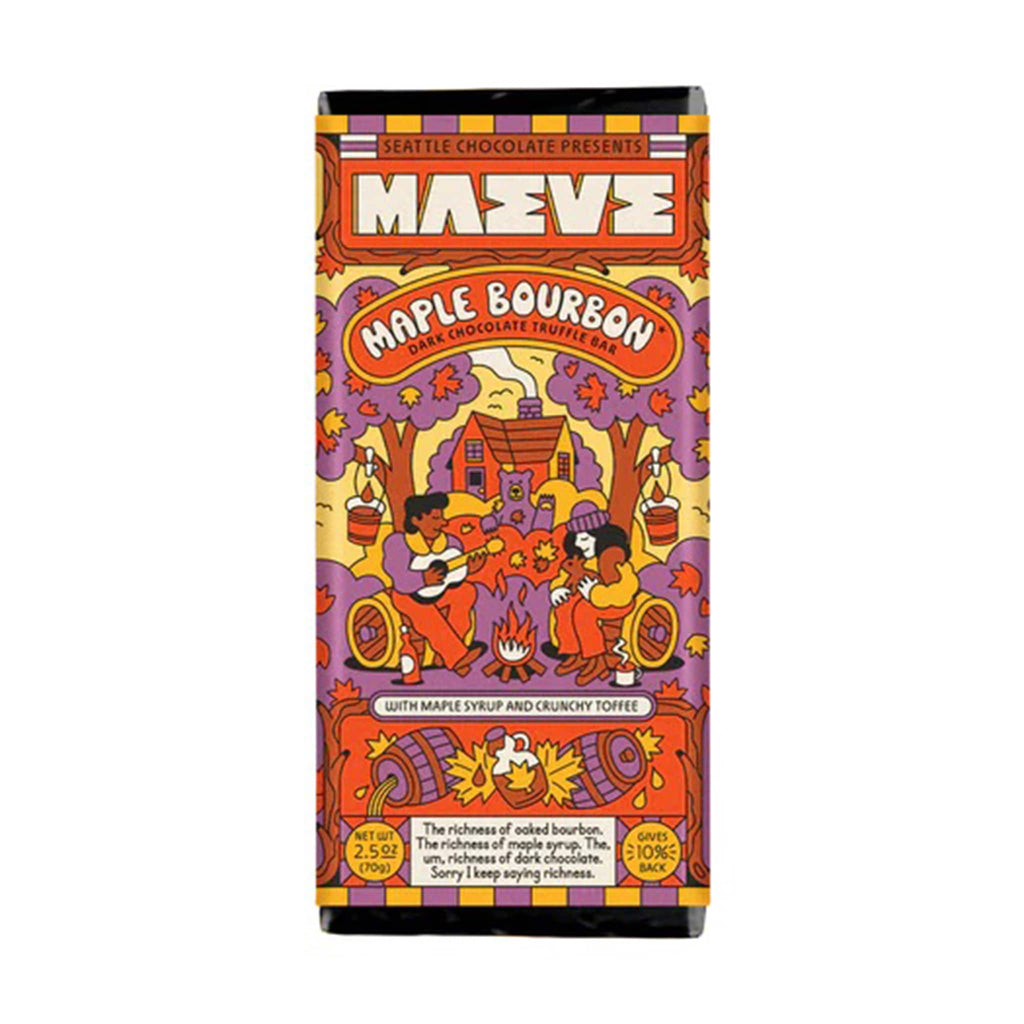 Maeve maple bourbon dark chocolate truffle bar in packaging, front view.