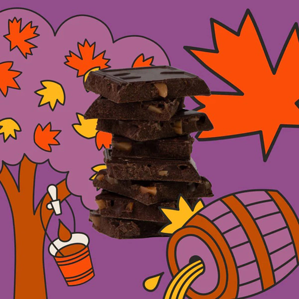 Stack of dark chocolate bar squares with autumn-themed elements like leaves and a barrel on a purple background.