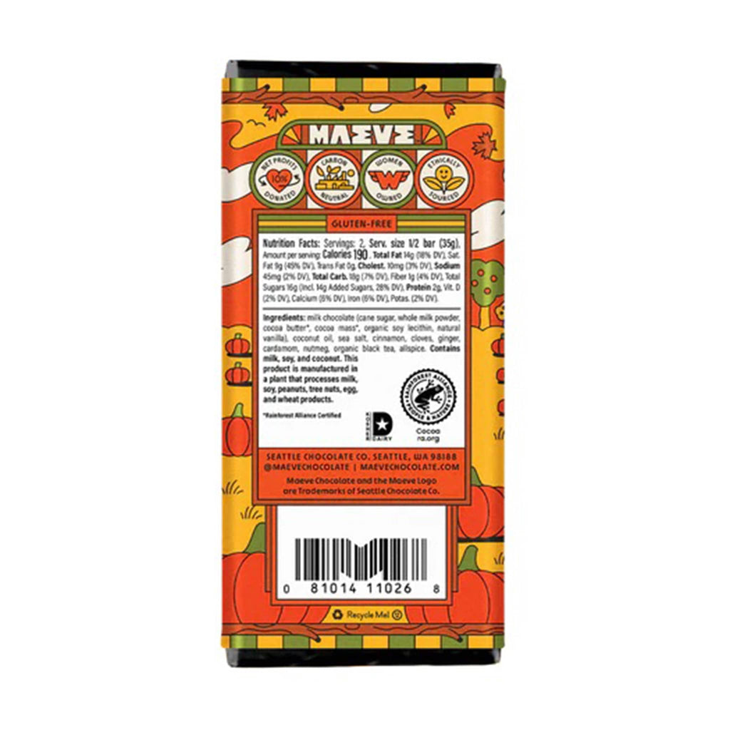 Maeve pumpkin spice chai milk chocolate truffle bar in packaging, back view with nutrition facts and ingredients.