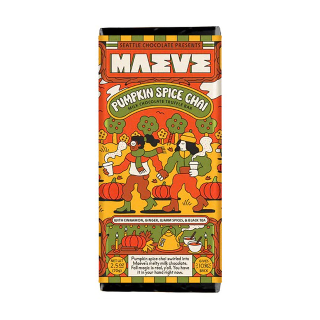 Maeve pumpkin spice chai milk chocolate truffle bar in packaging, front view.
