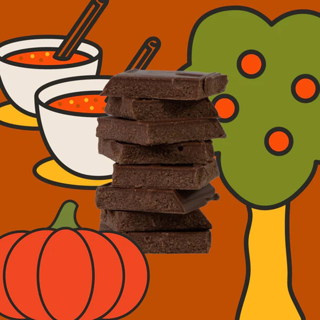 Maeve pumpkin spice chai milk chocolate truffle bar squares stacked on top of fall illustrations.