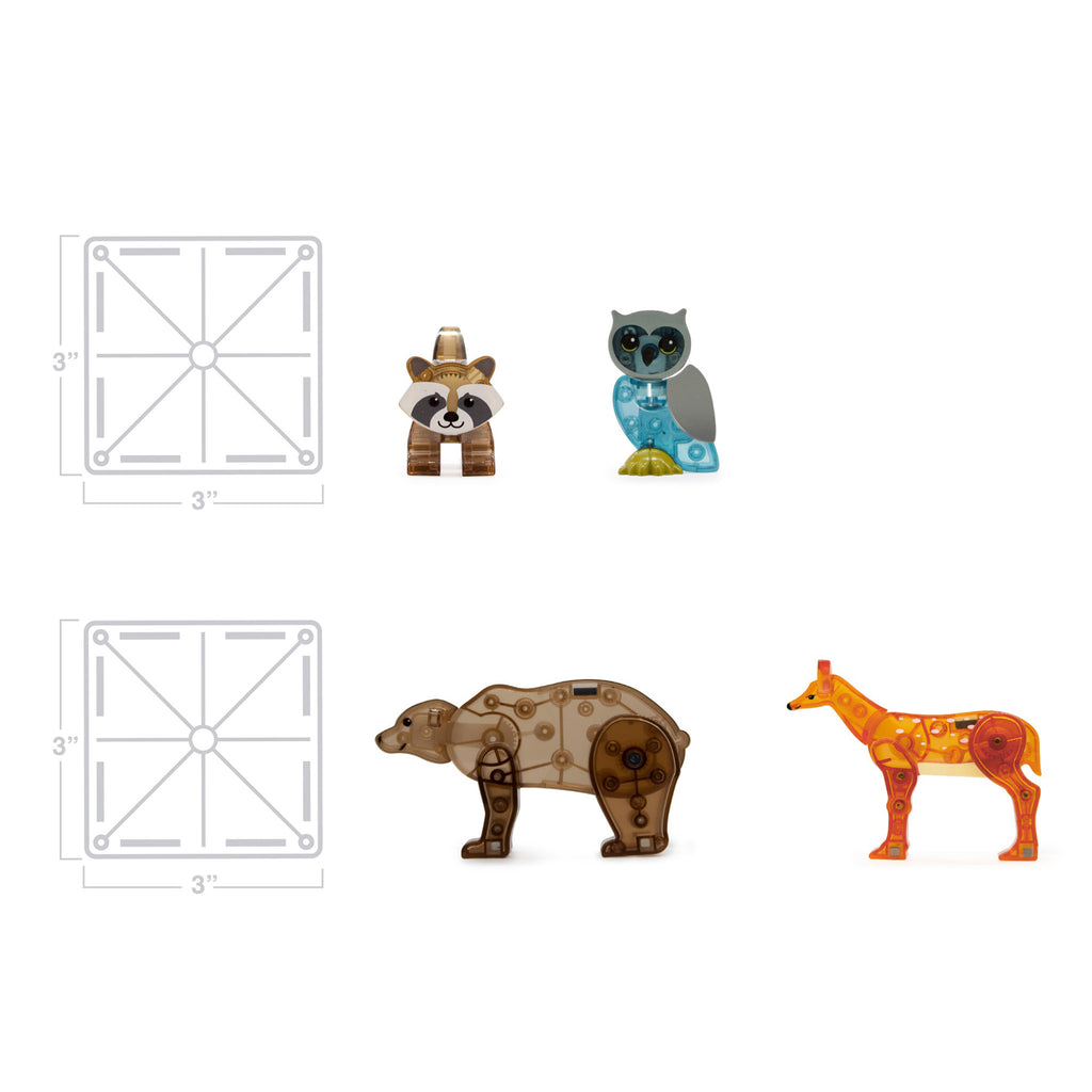 Magna-Tiles Forest Animals themed magnetic tile kids building set, animal figures next to 3 inch squares to show scale.