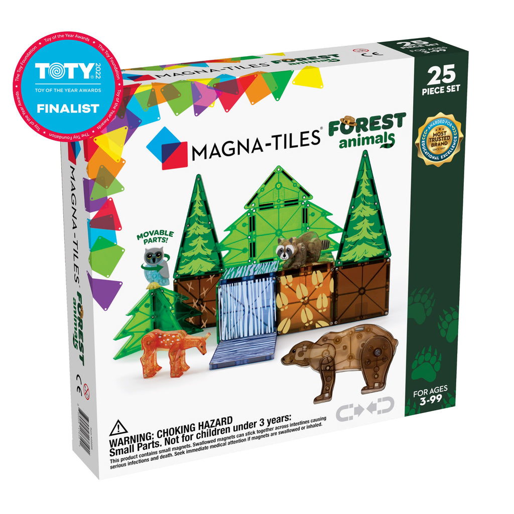 Magna-Tiles Forest Animals themed magnetic tile kids building set in packaging, front of box.