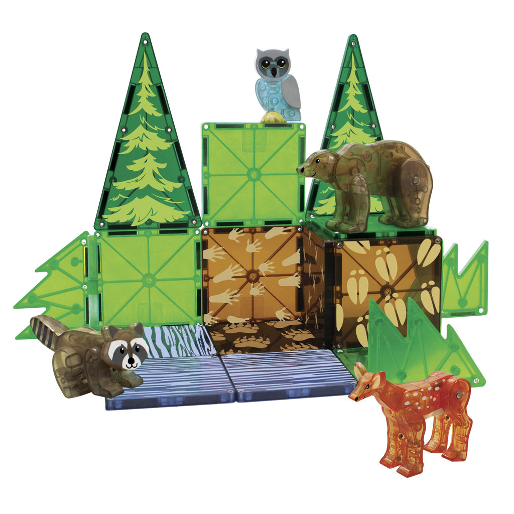 Magna-Tiles Forest Animals themed magnetic tile kids building set, pieces in play.