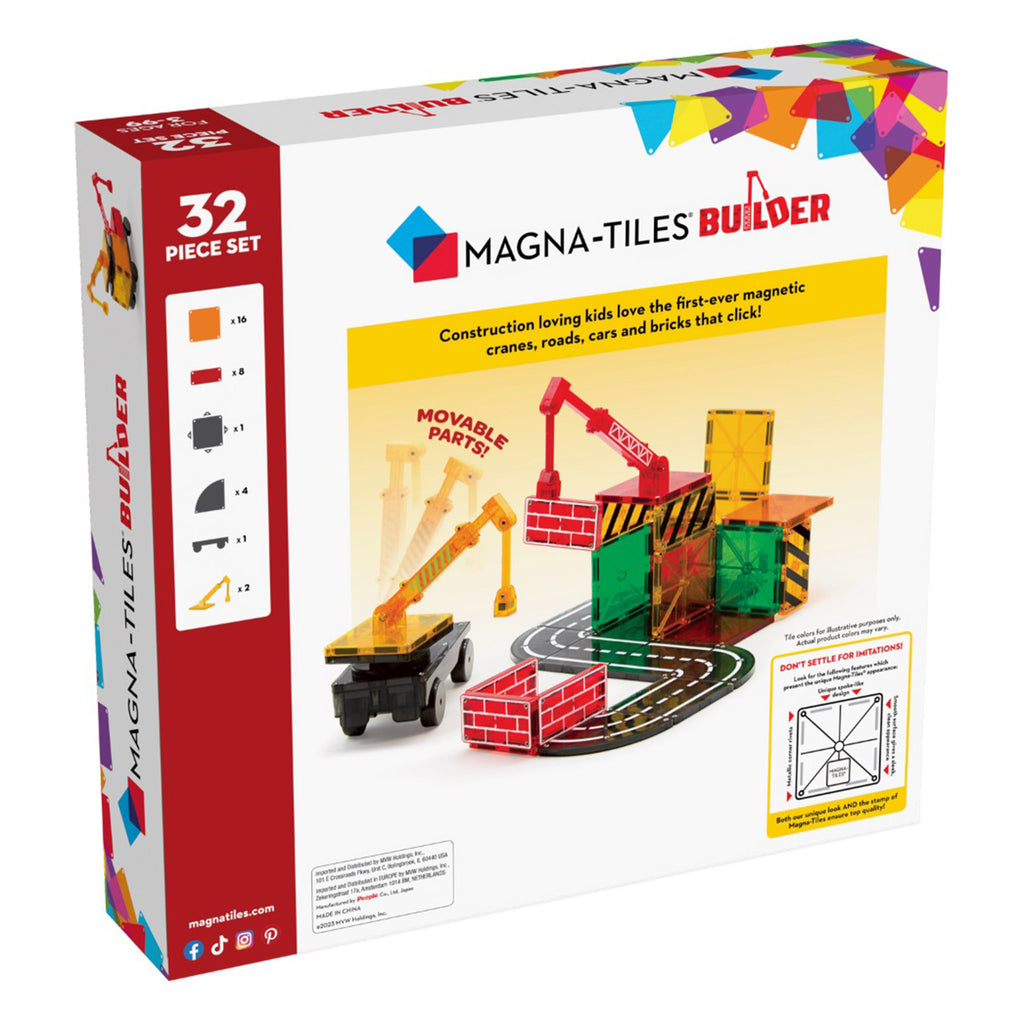 Magna-Tiles Builder construction themed magnetic tile kids 32 piece building set in packaging, back of box.