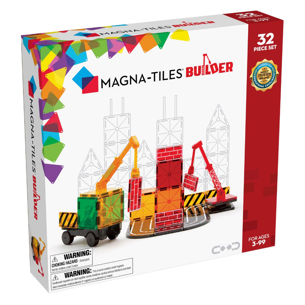 Magna-Tiles Builder construction themed magnetic tile kids 32 piece building set in packaging, front of box.