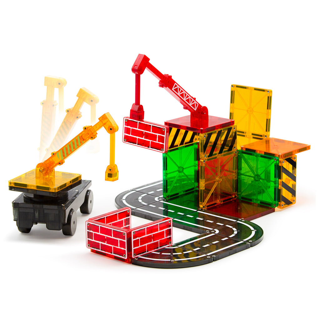Magna-Tiles Builder construction themed magnetic tile kids 32 piece building set in play, showing movement of cranes.