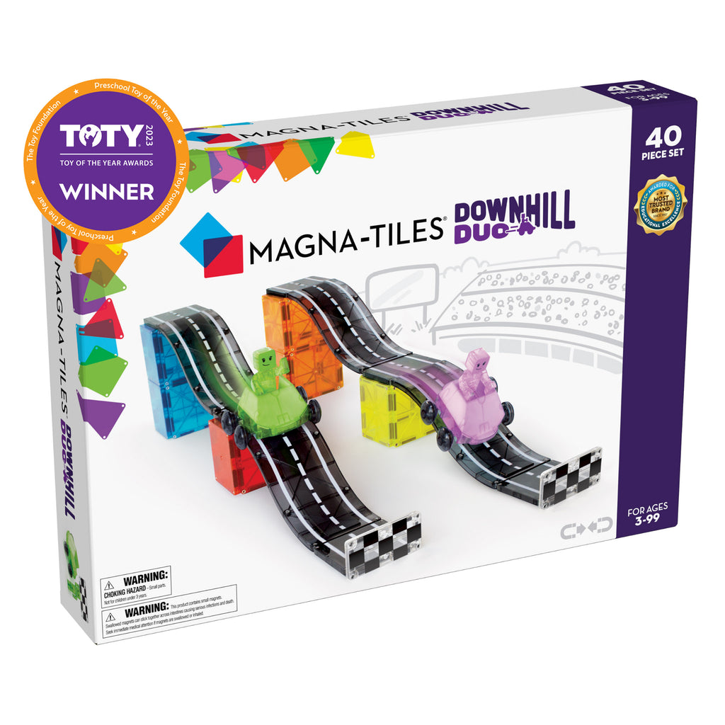 Magna-Tiles Downhill Duo racing themed magnetic tile kids 40 piece building set in packaging, front of box.