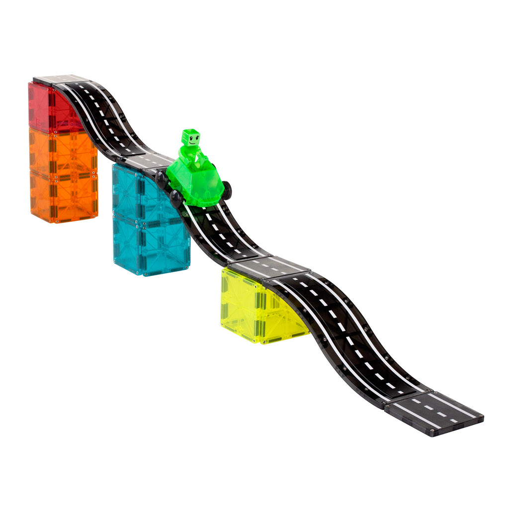 Magna-Tiles Downhill Duo racing themed magnetic tile kids 40 piece building set, single car on downhill track.