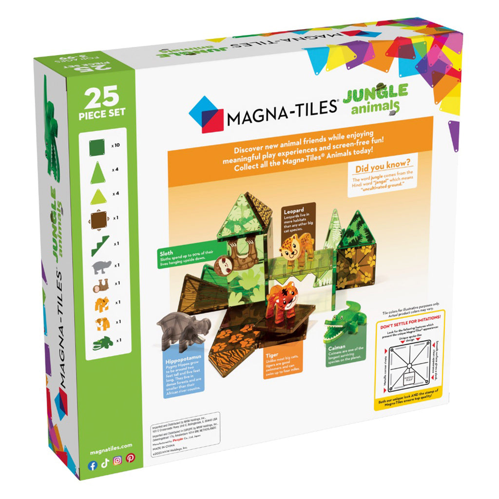 Magna-Tiles Jungle Animals themed magnetic tile kids 25 piece building set in packaging, back of box.