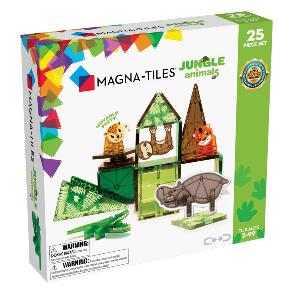 Magna-Tiles Jungle Animals themed magnetic tile kids 25 piece building set in packaging, front of box.